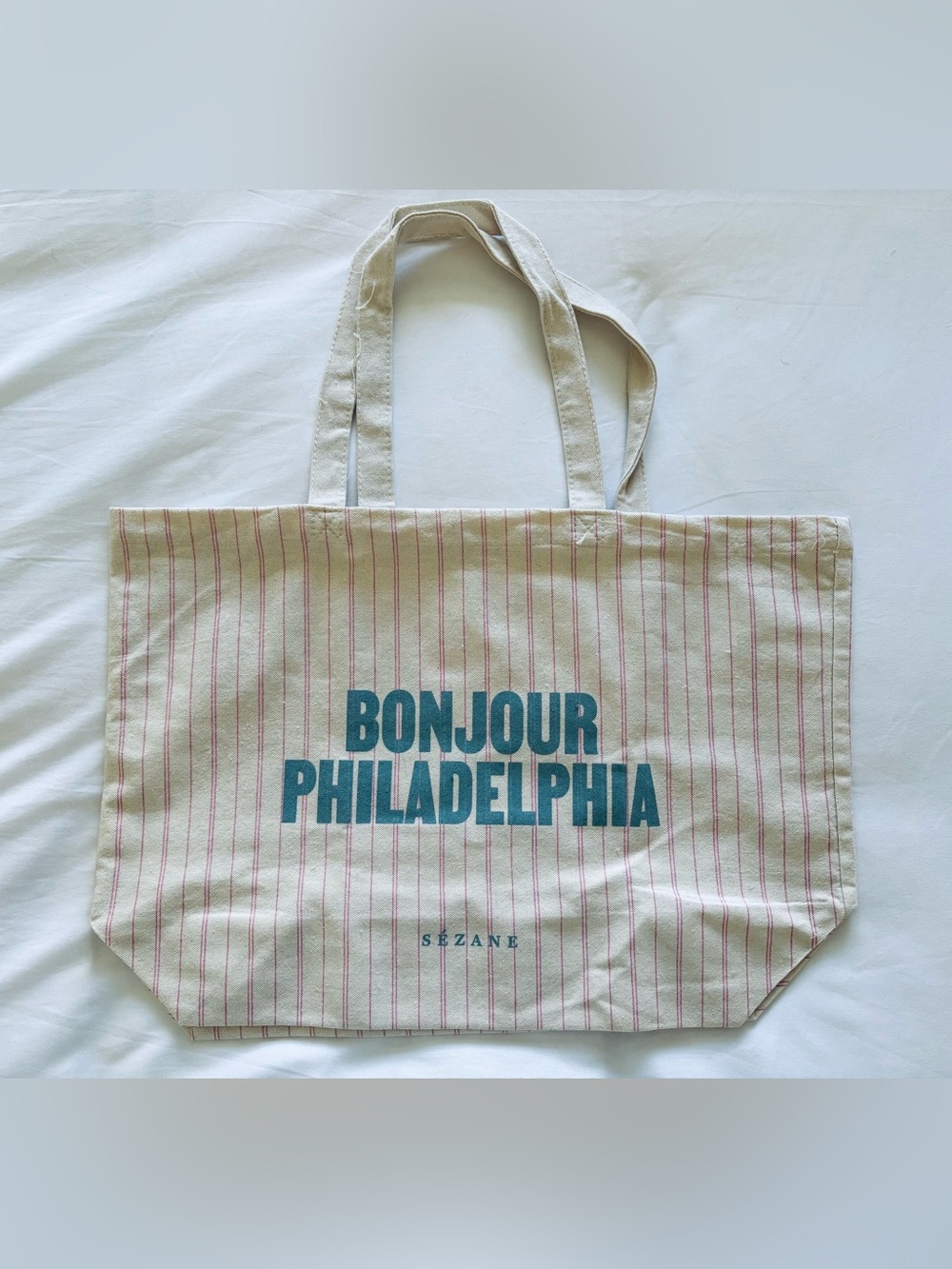 Sézane Bonjour Philadelphia Canvas Tote Bag in Natural/Blue